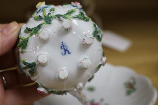 A Dresden floral encrusted cup and saucer, a quantity of Royal Crown Derby teaware and a Sitzendorf wall mirror